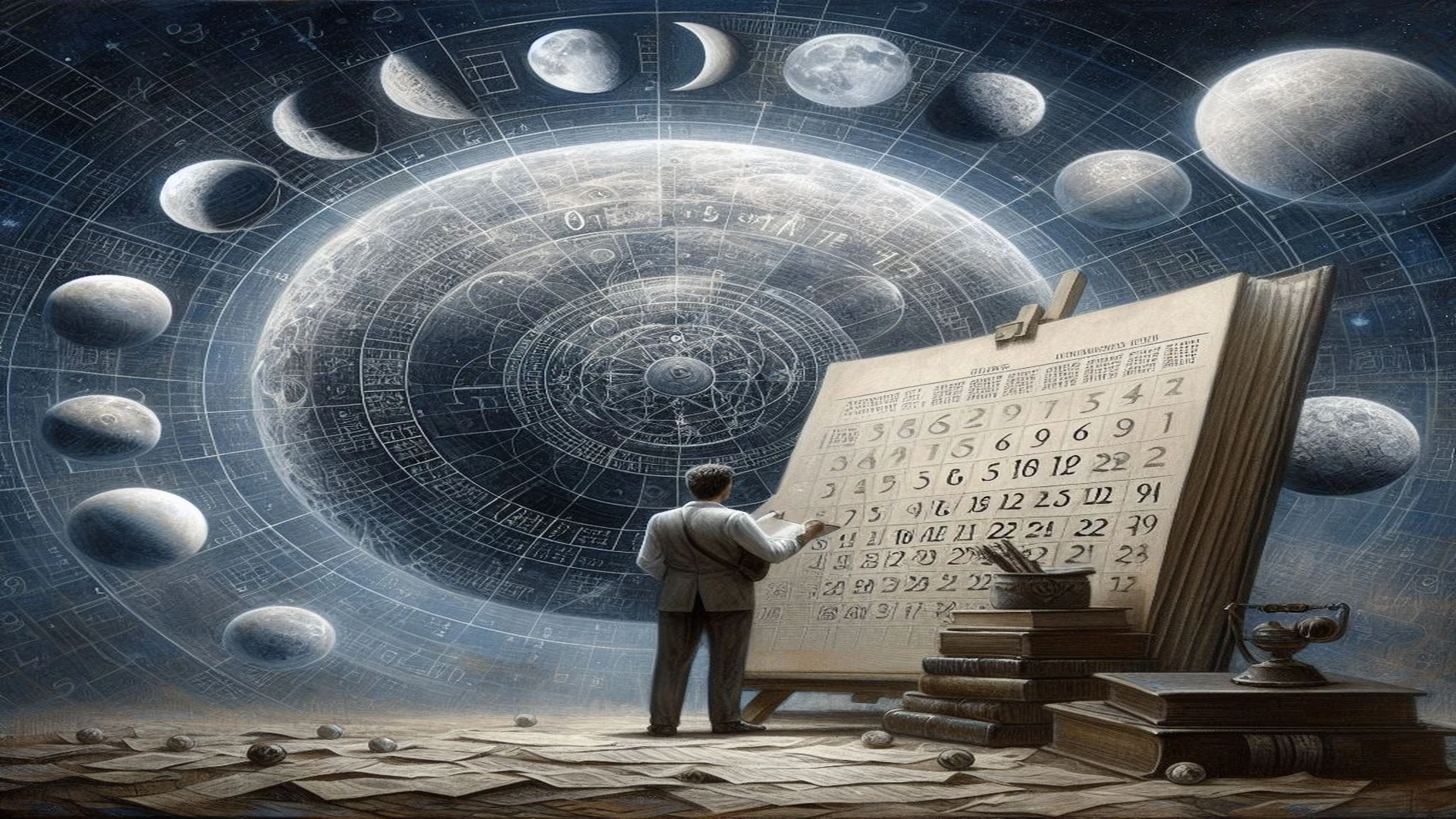 Una imagen artística que represente la luna, sus fases y los calendarios, con un libro que muestre una cuadrícula de un calendario con los números del mes,